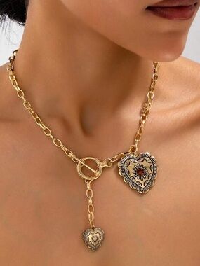 Vintage Style Heart Pendant Necklace Gold Toggle Chain Boho